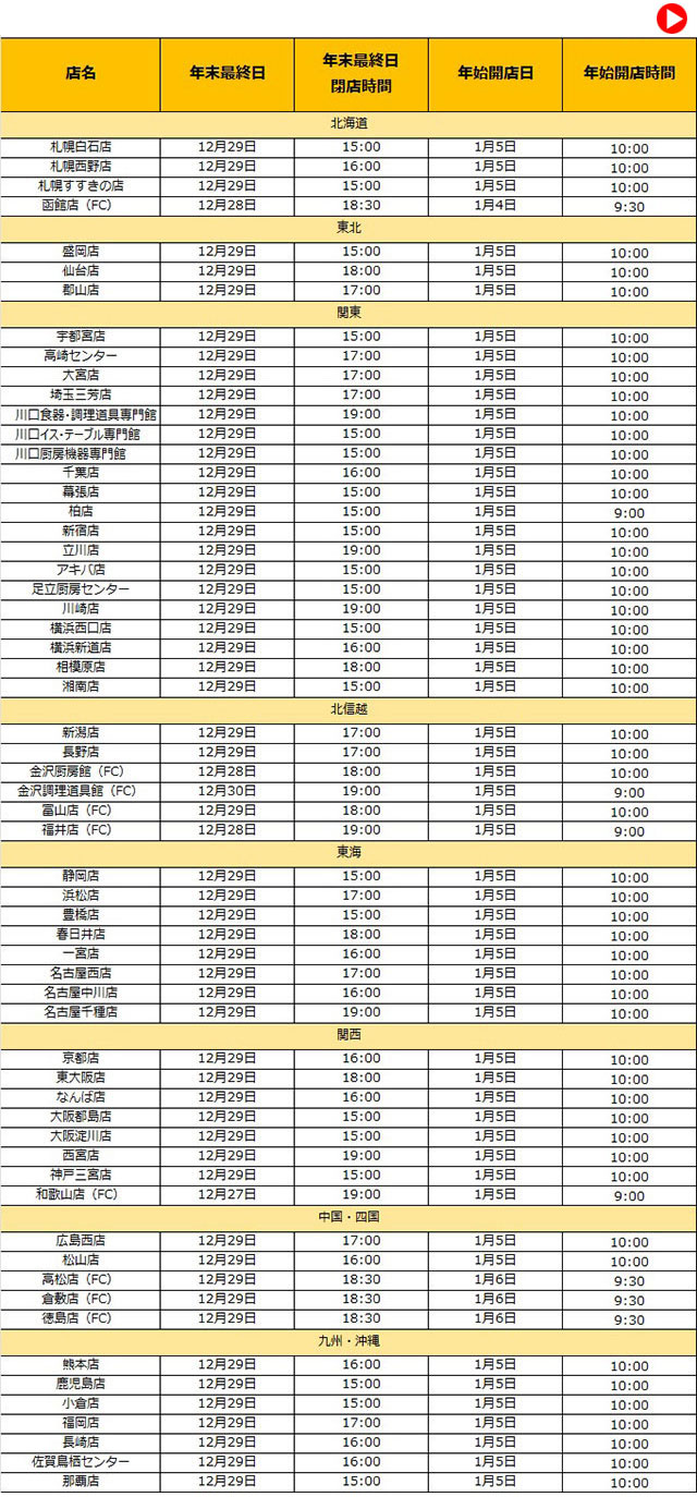 年末年始の営業時間
